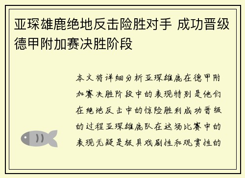 亚琛雄鹿绝地反击险胜对手 成功晋级德甲附加赛决胜阶段