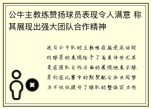公牛主教练赞扬球员表现令人满意 称其展现出强大团队合作精神